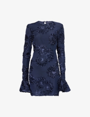 Rotate Birger Christensen Womens Navy Rosita Floral-applique Mesh Mini Dress In Blue