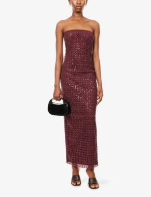 Rotate Birger Christensen Rotate Floor-length Burgundy Strapless Evening Dress With Sequined Detailing In Brown