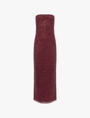 Rotate Birger Christensen Rotate Floor-length Burgundy Strapless Evening Dress With Sequined Detailing In Brown