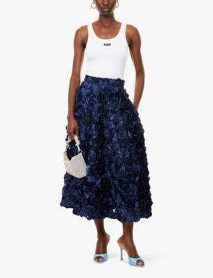 Rotate Birger Christensen Womens Navy Berty Sun Floral-appliqué Woven Midi Skirt In Blue