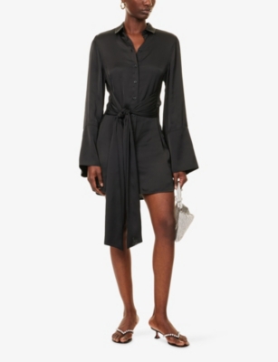 Rotate Birger Christensen Womens Black Tie-shirt Long-sleeves Woven Mini Dress In Black