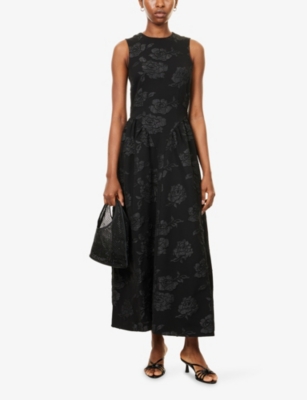Rotate Birger Christensen Womens Lori Floral-embroidered Woven Midi Dress Black In Black