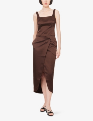 Rotate Birger Christensen Womens Chicory Coffee Pilino Square-neck Satin Top In Brown