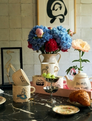 Anna + Nina White Tea O'clock Stoneware Mug In Multi