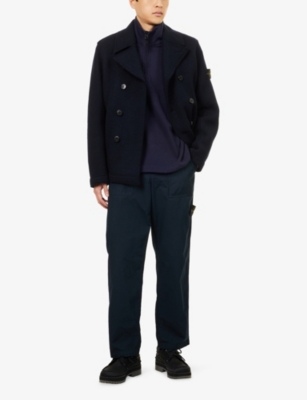 Stone Island Mens Navy Blue Felted Double-breasted Wool Jacket In Blue