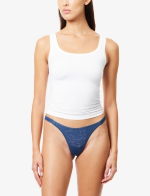 Calvin Klein Womens Icon Branded Lace Thong Dark Denim In Blue