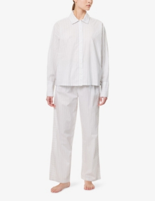 Calvin Klein Womens Pin-striped Long-sleeve Cotton Night Shirt 19471 Stripe+classic Wht Xl In Multi