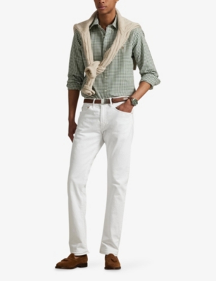 Polo Ralph Lauren Mens Grn/white Checked Logo-embroidered Cotton Sport Shirt In Gray