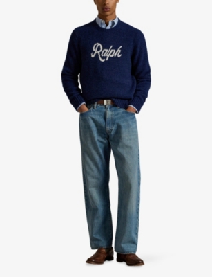 Polo Ralph Lauren Mens Crewneck Logo-motif Wool And Alpaca Jumper Blue Xxl In Blue