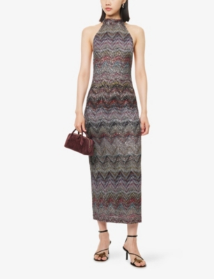 MISSONI: Chevron Halterneck Woven Midi Dress