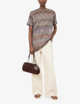 Missoni Womens Light Multicolor Tones Chevron Short-sleeve Sequin-knit T-shirt