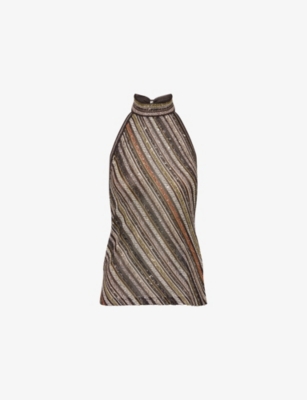 Missoni Womens Multicolor Beige Brown Halterneck Embellished Stretch-woven Top In Brown