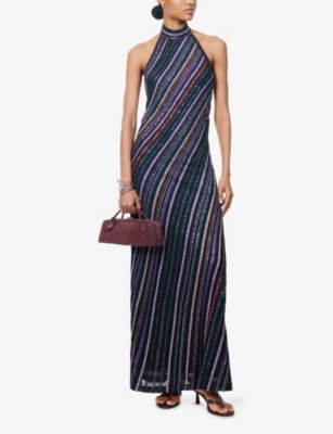 Missoni Womens Multi Orng Prpl Blk Striped Halterneck Knitted Maxi Dress In Multi