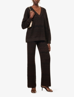 Missoni Womens Solid Color Brown Chevron V-neck Knitted Jumper In Brown