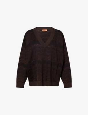 Missoni Womens Solid Color Brown Chevron V-neck Knitted Jumper In Brown