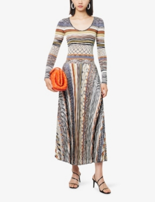 MISSONI: Pleated Long-Sleeve Knit Midi Dress