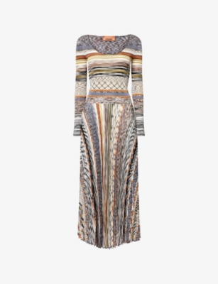 MISSONI: Pleated Long-Sleeve Knit Midi Dress
