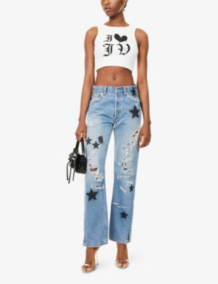 Jean Vintage Womens Rockstar Distressed Straight-leg Denim Jeans Blue In Blue
