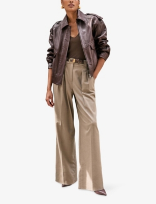 Reiss Womens Aubergine Peyton Oversized Leather Jacket In Brown
