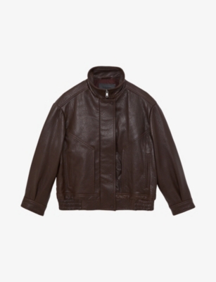 Reiss Womens Burgundy Kiara Oversized Leather Bomber Jacket In Burgundy