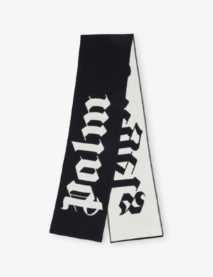 Palm Angels Kids' Black Off White Rectangular Logo Cotton-and-wool Scarf In Multi