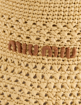 Miu Miu Womens Branded Crotchet Cotton Bucket Hat Naturale+cognac