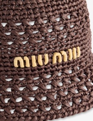 Miu Miu Womens Crochet Embossed-branding Woven Bucket Hat Cacao+naturale