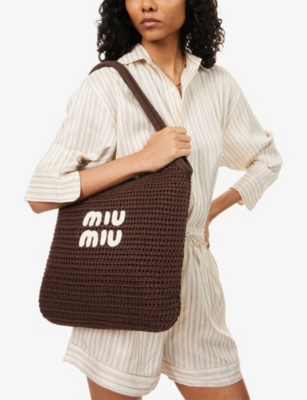 Miu Miu Womens Cacao+talco Ivy Raffia-effect Cotton Tote Bag