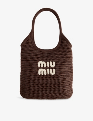 Miu Miu Womens Cacao+talco Ivy Raffia-effect Cotton Tote Bag