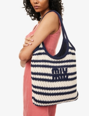 Miu Miu Womens Blu+bianco Ivy Raffia-effect Cotton Tote Bag