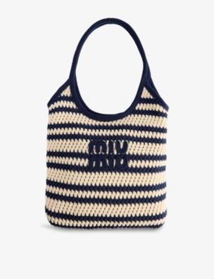 Miu Miu Womens Blu+bianco Ivy Raffia-effect Cotton Tote Bag