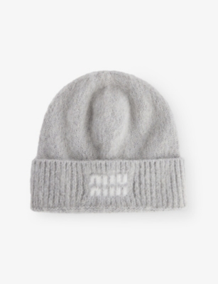 Miu Miu Womens Grigio Logo-print Mohair-wool Beanie Hat In Gray