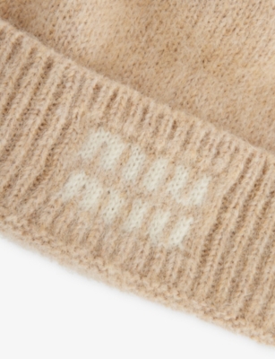 Miu Miu Womens Naturale Logo-print Mohair-wool Beanie Hat In Neutral