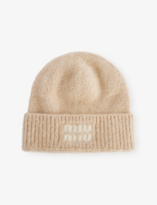Miu Miu Womens Naturale Logo-print Mohair-wool Beanie Hat In Neutral
