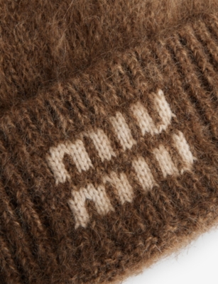 Miu Miu Womens Tabacco Brand-print Brushed Wool-blend Beanie In Brown