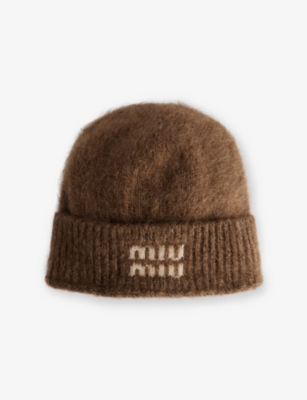 Miu Miu Womens Tabacco Brand-print Brushed Wool-blend Beanie In Brown