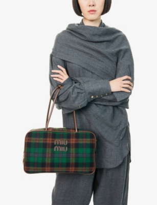 Miu Miu Womens Nero+biliardo Beau Tartan Wool-blend Top Handle Bag