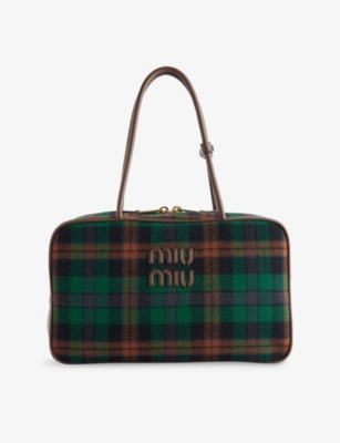 Miu Miu Womens Nero+biliardo Beau Tartan Wool-blend Top Handle Bag