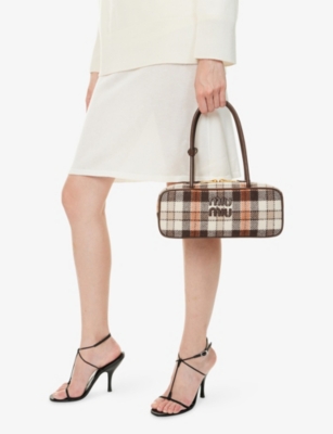 Miu Miu Womens Bruciato+papaya Beau Tartan Small Wool-blend Top Handle Bag