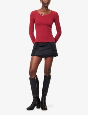 We11 Done Womens Piercing Long-sleeves Knitted Top Wine In Red
