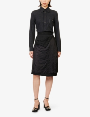 Maison Margiela Womens Melange Carbon Black Long-sleeve Contrast-skirt Virgin-wool Midi Dress In Animal Print