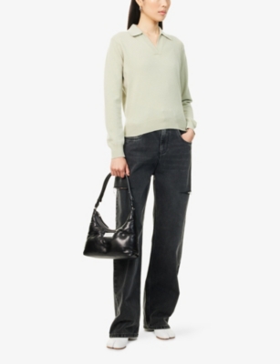 Maison Margiela Womens Pale Green V-neck Relaxed-fit Wool Polo Shirt In Gold