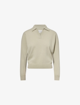 Maison Margiela Womens Pale Green V-neck Relaxed-fit Wool Polo Shirt In Gold
