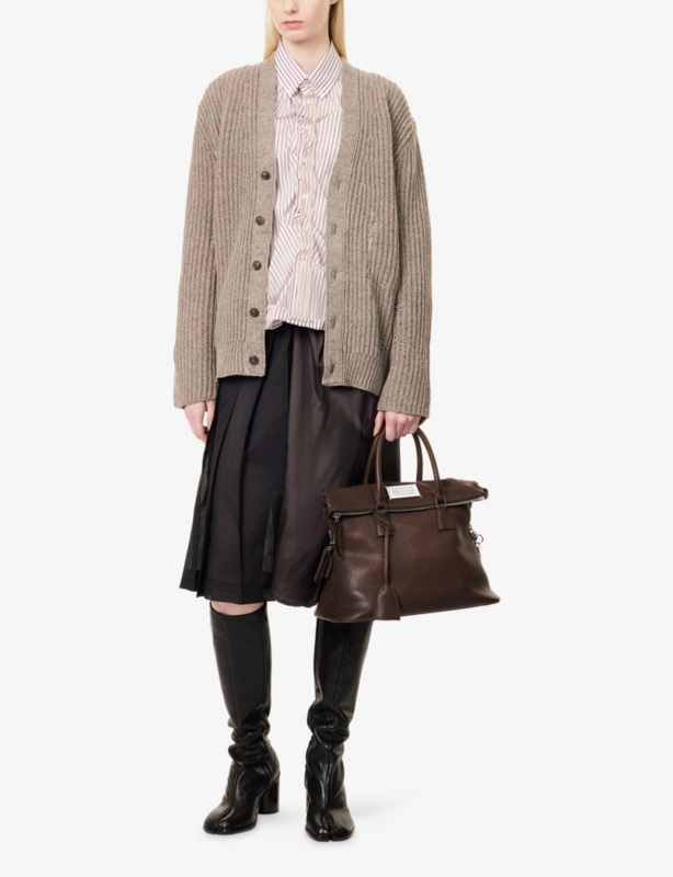 Pleated-Panel Asymmetric Woven Midi Skirt