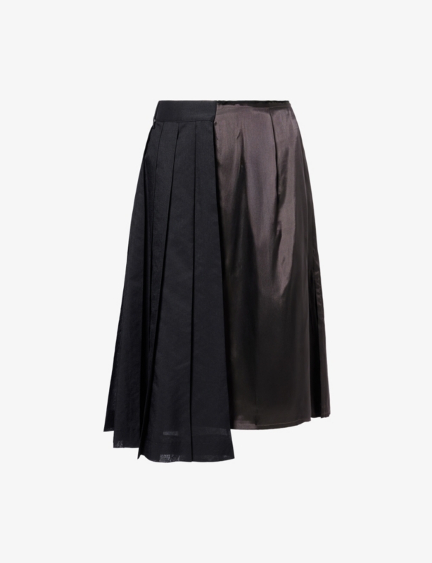 Pleated-Panel Asymmetric Woven Midi Skirt