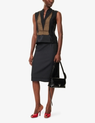 Maison Margiela Womens Black Fern Green Contrast V-neck Cotton-blend Top In Black