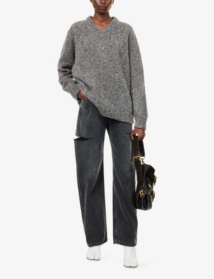 Maison Margiela Womens Grey V-neck Oversized-fit Virgin-wool Jumper Xs In White