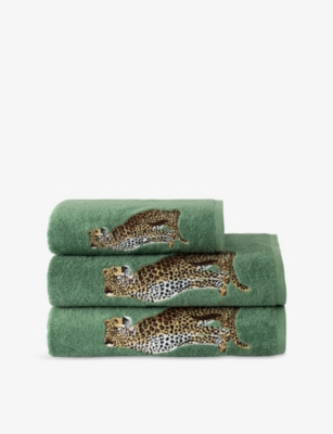 Yves Delorme Green Contes Leopard-embroidered Cotton-b In Green