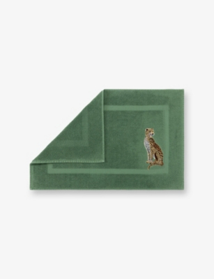 Yves Delorme Green Contes Leopard-embroidered Cotton-terry Bath Mat 55cm X 90cm In Green