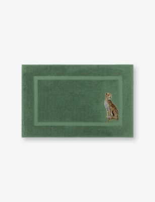 Yves Delorme Green Contes Leopard-embroidered Cotton-terry Bath Mat 55cm X 90cm In Green